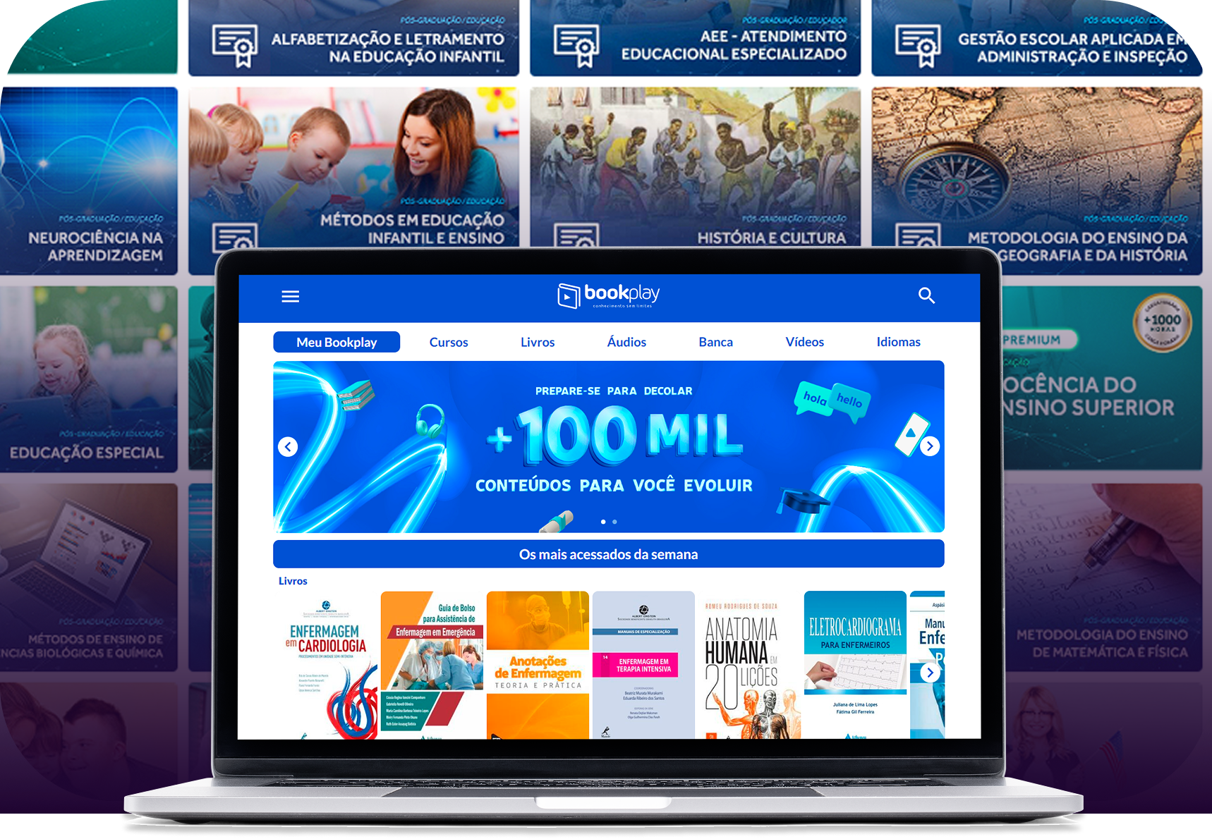 Pós-graduação e cursos online Bookplay: mais de 100 mil conteúdos, equipe de tutores, avaliação máxima no Reclame Aqui, com mensalidades a partir de R$ 159,90.